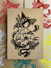 Load image into Gallery viewer, Tea Time Witch - Tan Paper | 5x7 Lino Print (Hand Printed)
