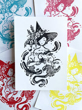 Load image into Gallery viewer, Tea Time Witch - White Paper | 5x7 Lino Print (Hand Printed)