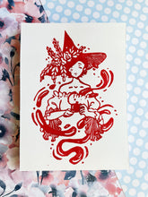 Load image into Gallery viewer, Tea Time Witch - White Paper | 5x7 Lino Print (Hand Printed)