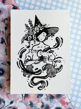 Load image into Gallery viewer, Tea Time Witch - White Paper | 5x7 Lino Print (Hand Printed)