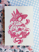 Load image into Gallery viewer, Tea Time Witch - White Paper | 5x7 Lino Print (Hand Printed)