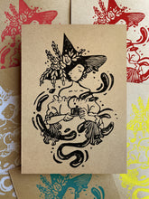 Load image into Gallery viewer, Tea Time Witch - Tan Paper | 5x7 Lino Print (Hand Printed)
