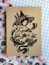 Load image into Gallery viewer, Tea Time Witch - Tan Paper | 5x7 Lino Print (Hand Printed)
