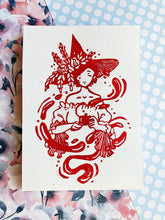 Load image into Gallery viewer, Tea Time Witch - White Paper | 5x7 Lino Print (Hand Printed)
